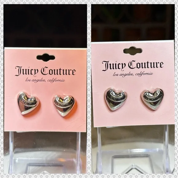 Silver Juicy Couture Silvertone Signature Logo Heart Stud Earrings - Picture 7 of 9